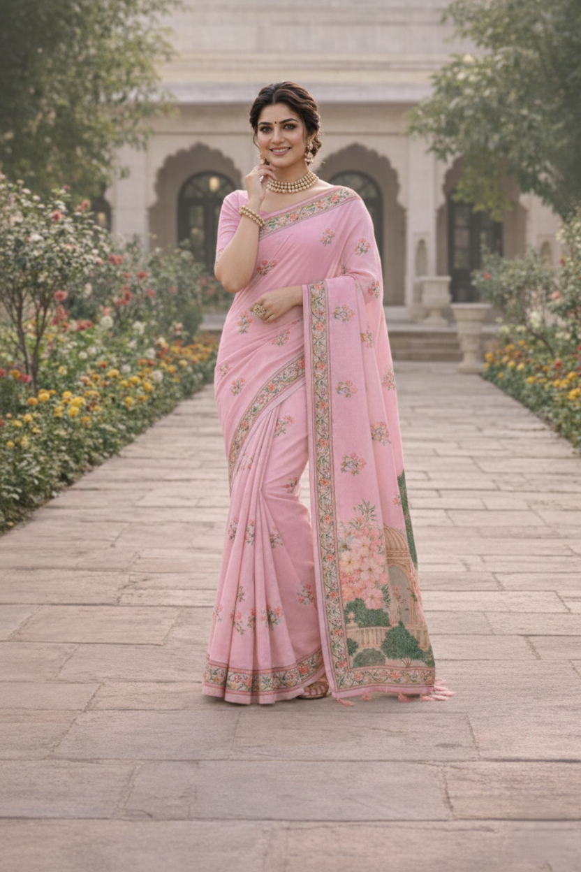 Heritage Garden Printed Soft Organza Saree with Tassel Border