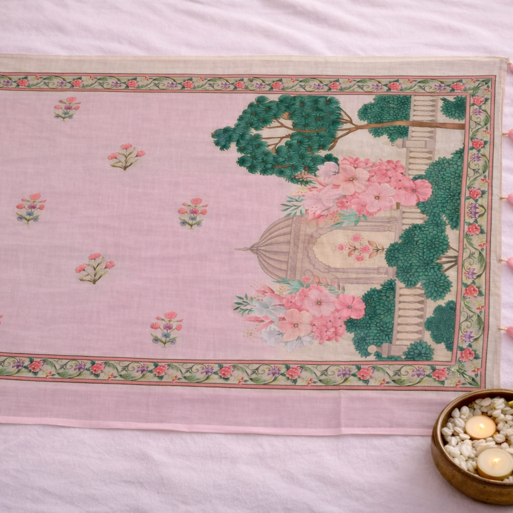 Heritage Garden Printed Soft Organza Saree with Tassel Border