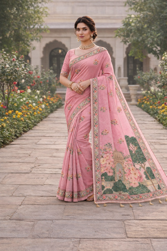 Heritage Garden Printed Soft Organza Saree with Tassel Border