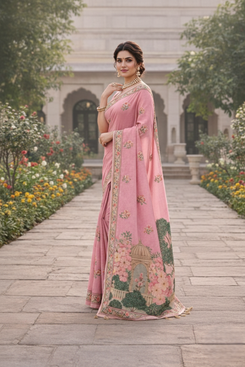 Heritage Garden Printed Soft Organza Saree with Tassel Border