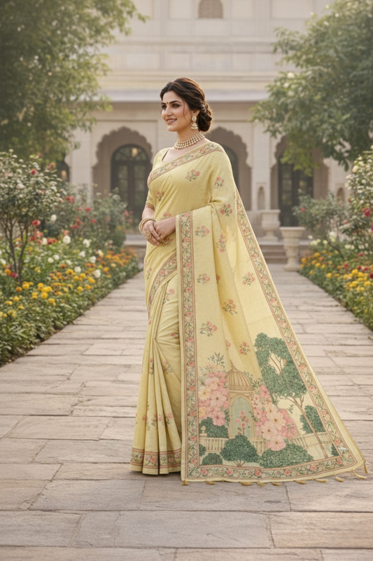 Heritage Garden Printed Soft Organza Saree with Tassel Border