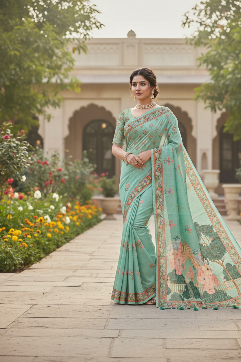 Heritage Garden Printed Soft Organza Saree with Tassel Border