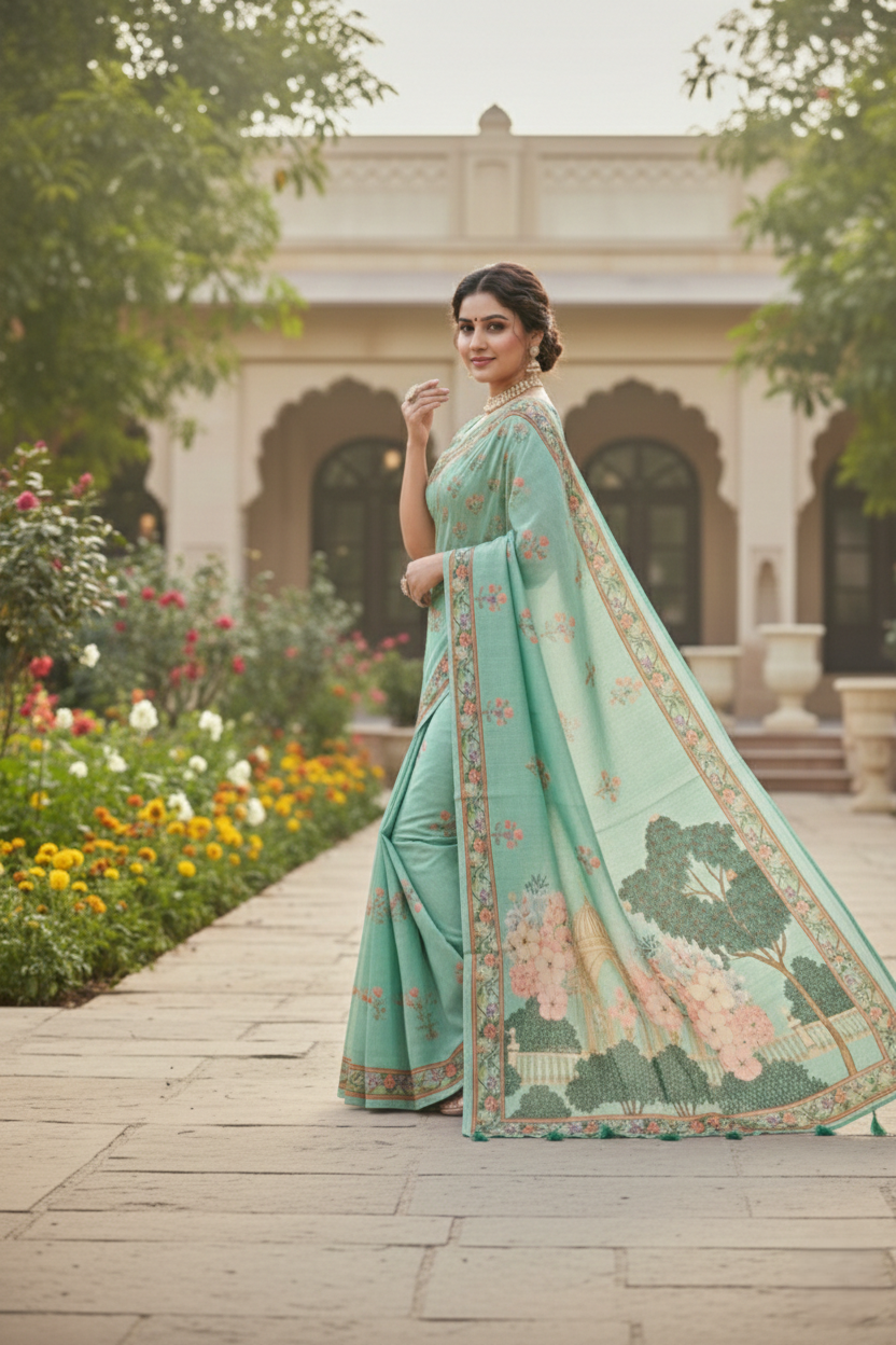 Heritage Garden Printed Soft Organza Saree with Tassel Border