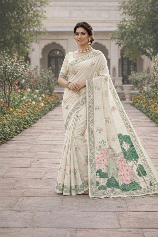 Heritage Floral Printed Soft Organza Saree with Tassel Border