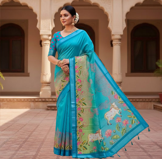 Lotus & Cow Printed Soft Organza Saree with Tassel Border