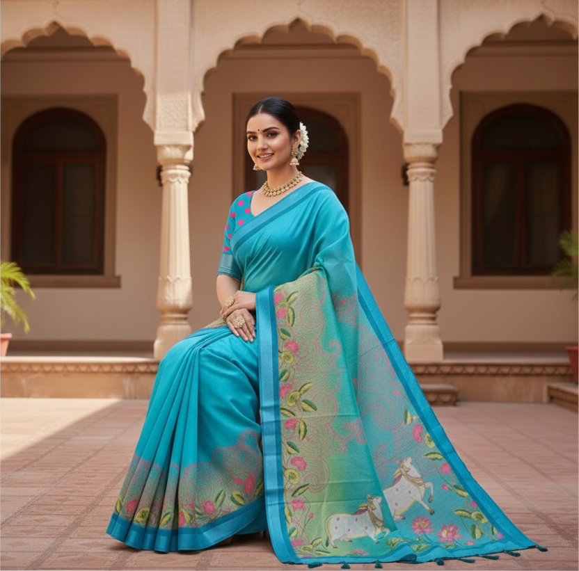 Lotus & Cow Printed Soft Organza Saree with Tassel Border