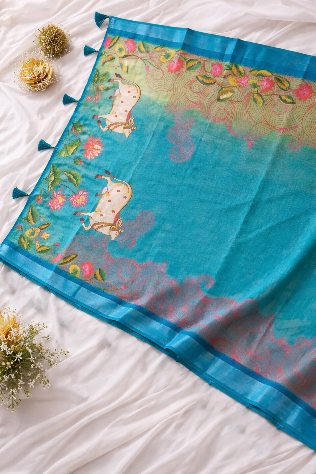 Lotus & Cow Printed Soft Organza Saree with Tassel Border