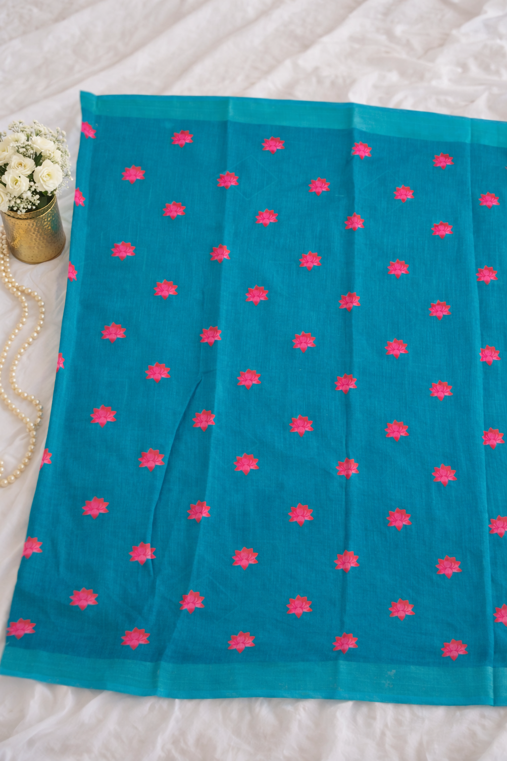 Lotus & Cow Printed Soft Organza Saree with Tassel Border