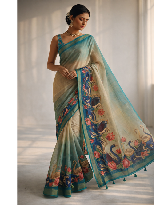 Peacock & Swan Printed Soft Organza Saree with Tassel Border