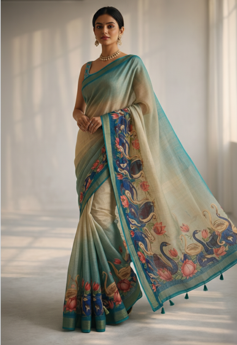 Peacock & Swan Printed Soft Organza Saree with Tassel Border