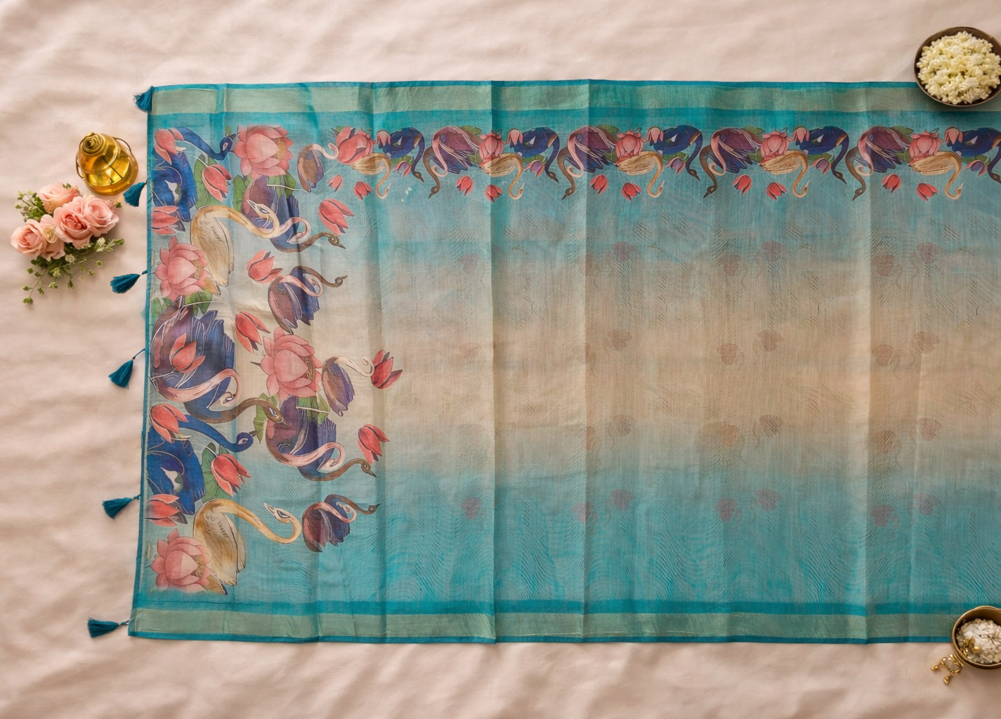 Peacock & Swan Printed Soft Organza Saree with Tassel Border