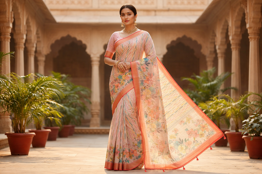 Pastel Floral Printed Soft Organza Saree with Tassel Border