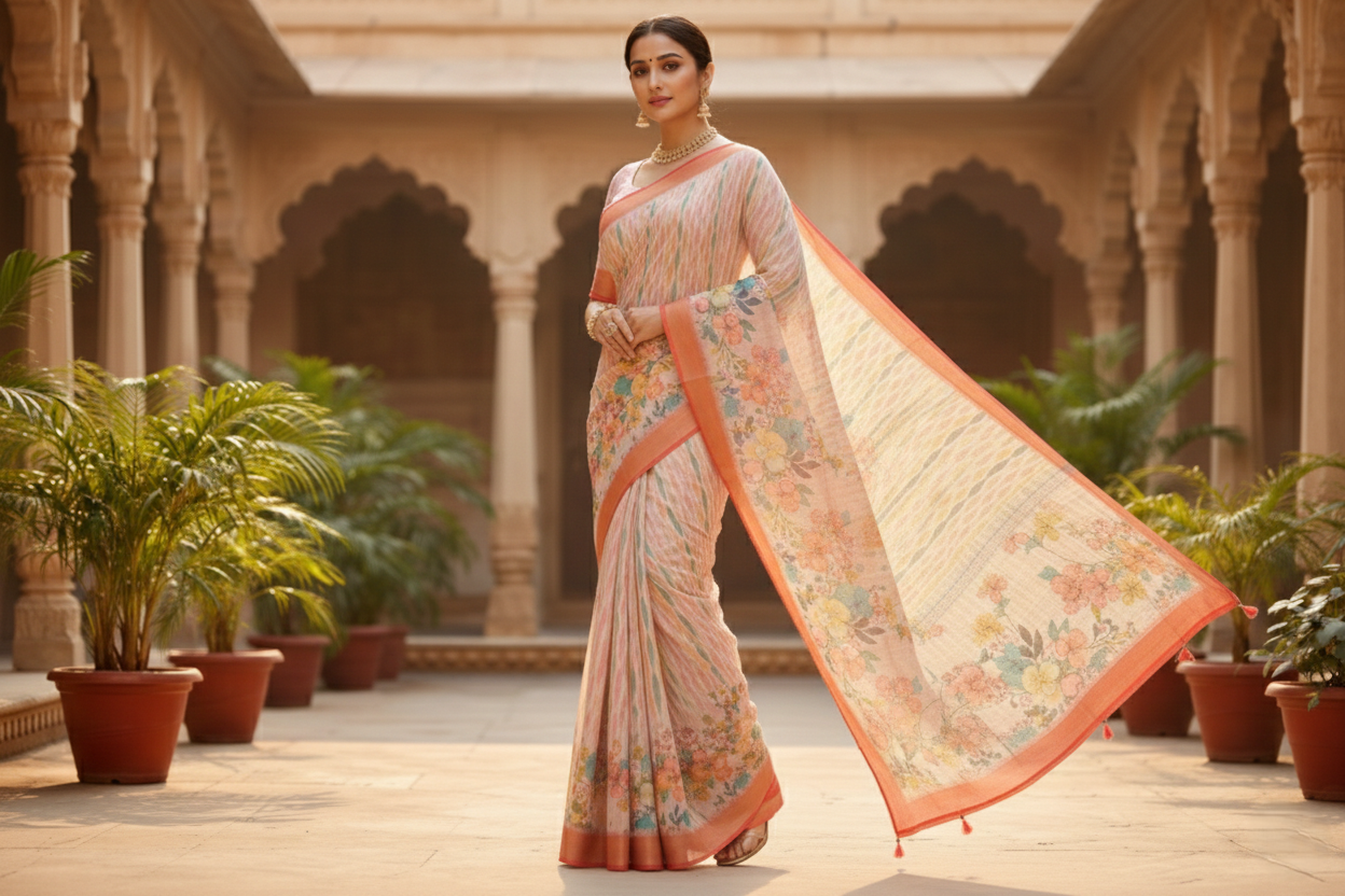 Pastel Floral Printed Soft Organza Saree with Tassel Border