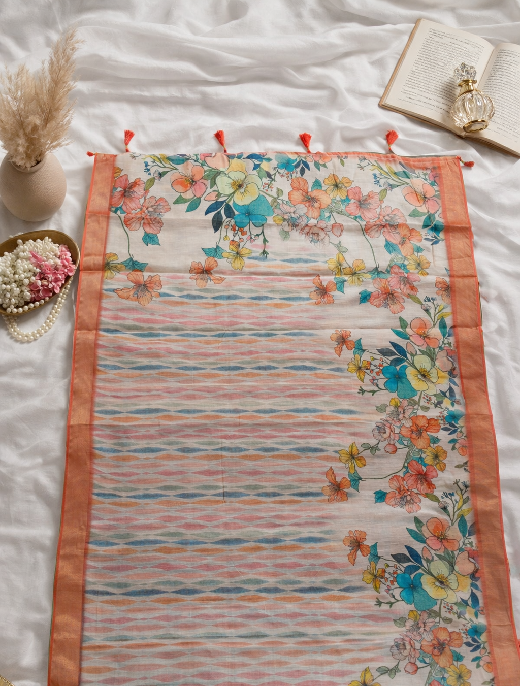 Pastel Floral Printed Soft Organza Saree with Tassel Border