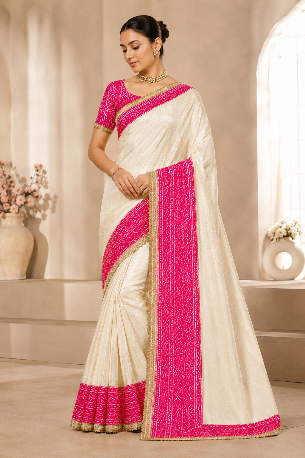 Women's Off White Silk Blend Saree with Rani Pink Woven Border & Designer Blouse