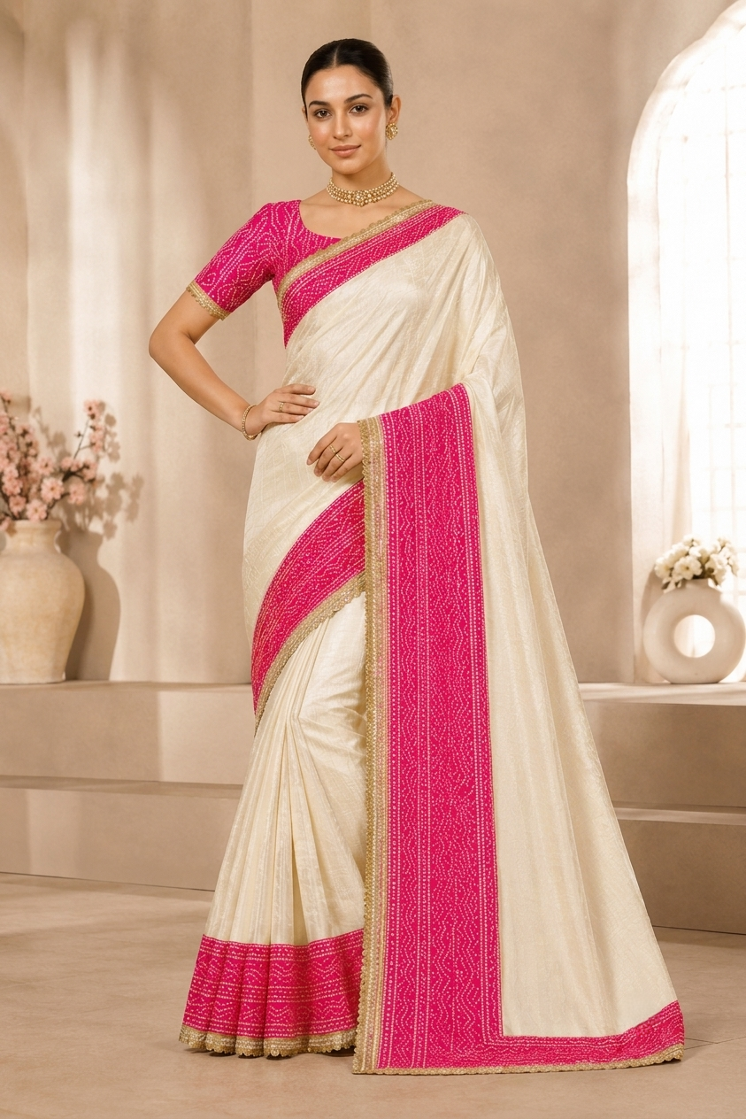 Women's Off White Silk Blend Saree with Rani Pink Woven Border & Designer Blouse