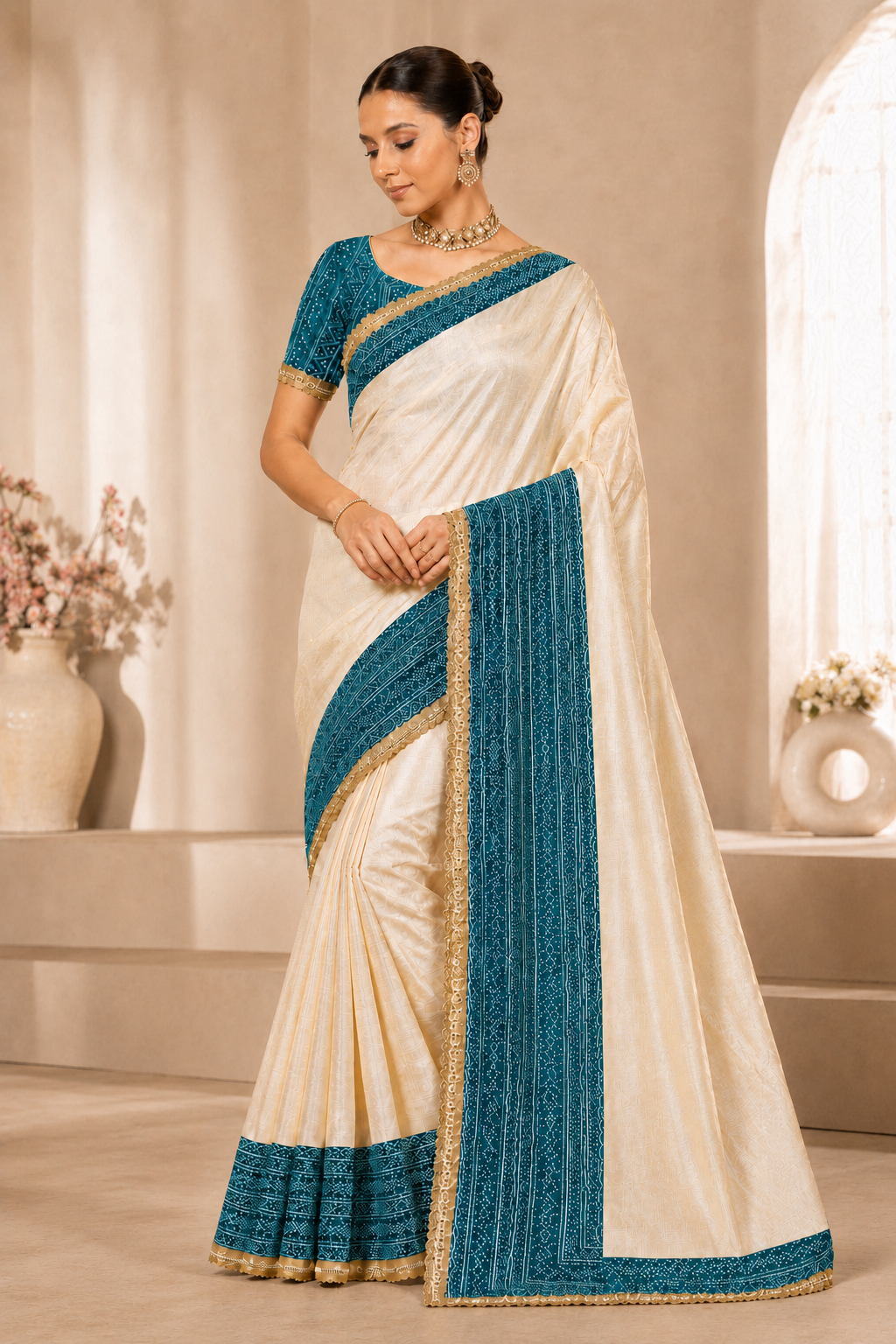 Women's Off White Silk Blend Saree with Peacock Blue Woven Border & Designer Blouse