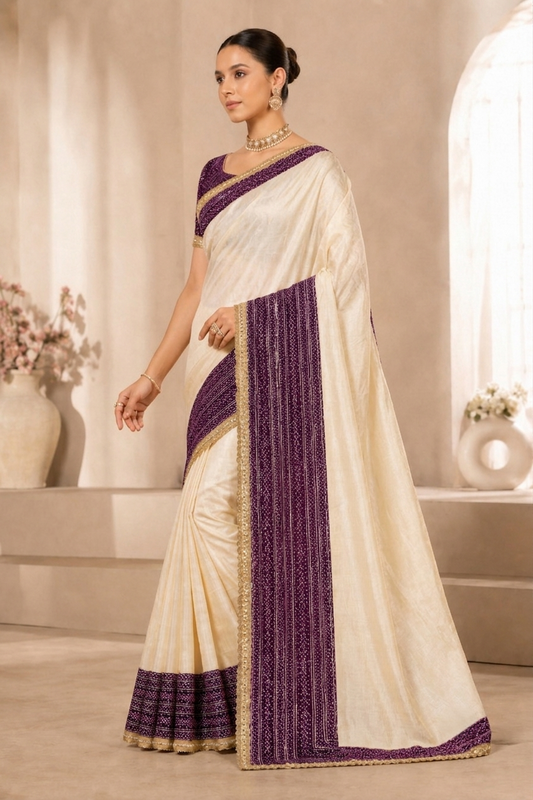 Women's Off White Saree with Purple Woven Border & Designer Blouse