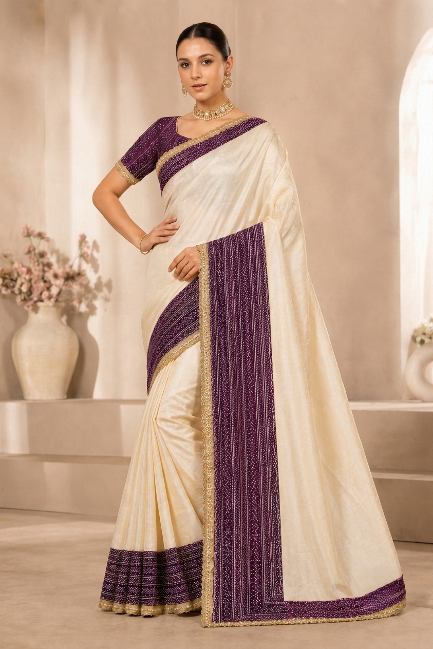 Women's Off White Saree with Purple Woven Border & Designer Blouse